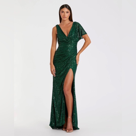 MAC DUGGALSequined Asymmetrical Draped Trumpet Gown